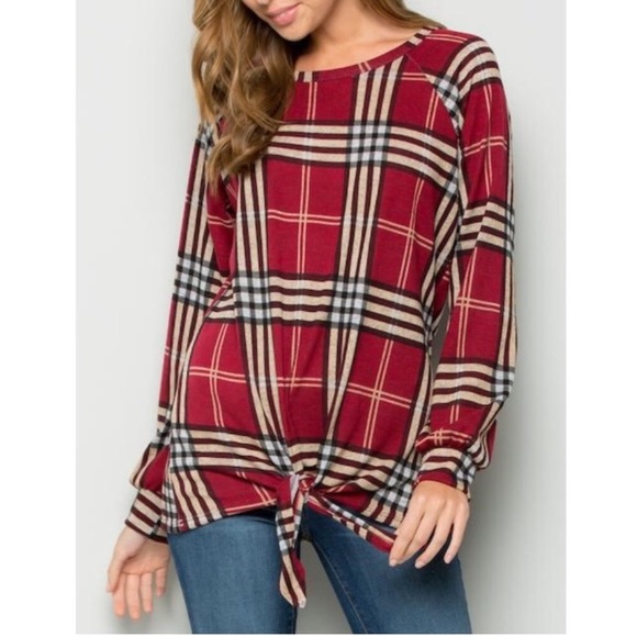 Rich Red Plaid, Tie Front Top - Picture 2 of 3